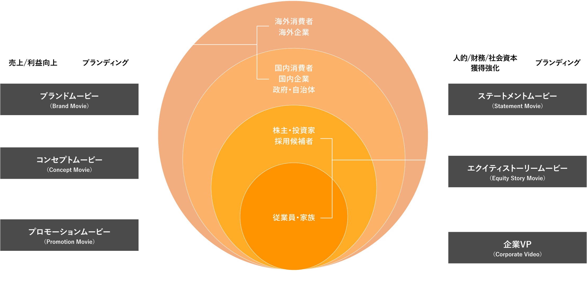 国内外の消費者や企業、政府自治体に対しては、売上/利益向上・ブランディングを目的としたマーケティングコミュニケーション(ブランドムービー、コンセプトムービー、プロモーションムービー)が有効。一方、株主や投資家、採用候補者、従業員・家族に対しては、人的/財務/社会資本獲得強化・ブランディングを目的としたステークホルダーコミュニケーション(ステートメントムービー、エクイティストーリームービー、企業VP)が有効。コミュニケーション領域や目的によって選定するべき最適な映像・動画タイプが異なることを示した図。